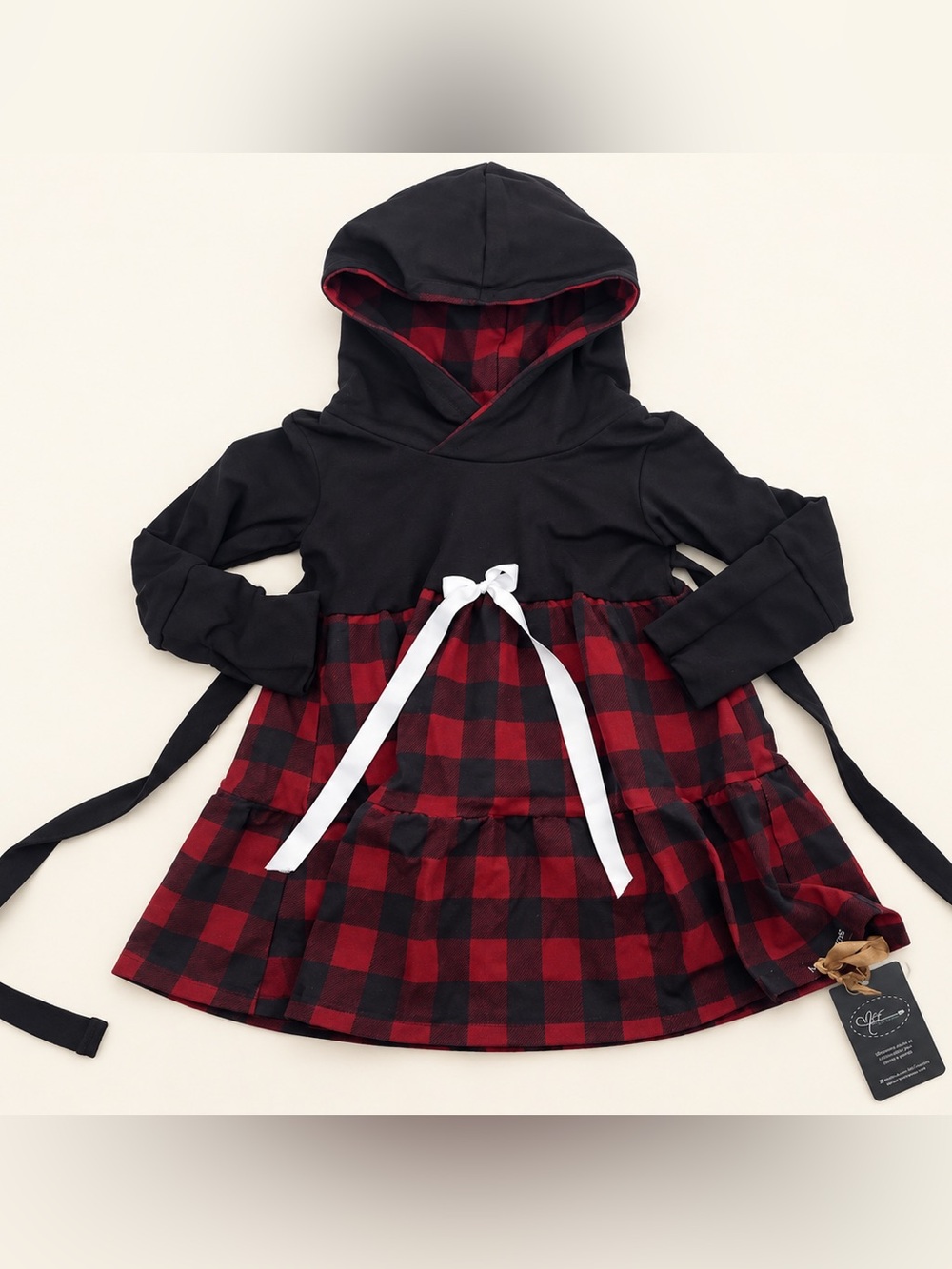 Girls Black Hooded Dress with Red Plaid Tiered Skirt and White Bow